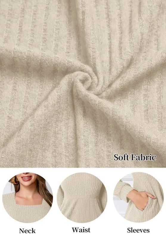 Womens Square Neck Long Sleeve Fall Dresses Casual Babydoll Sweater Dress Mini Wedding Guest Dresses with Pockets