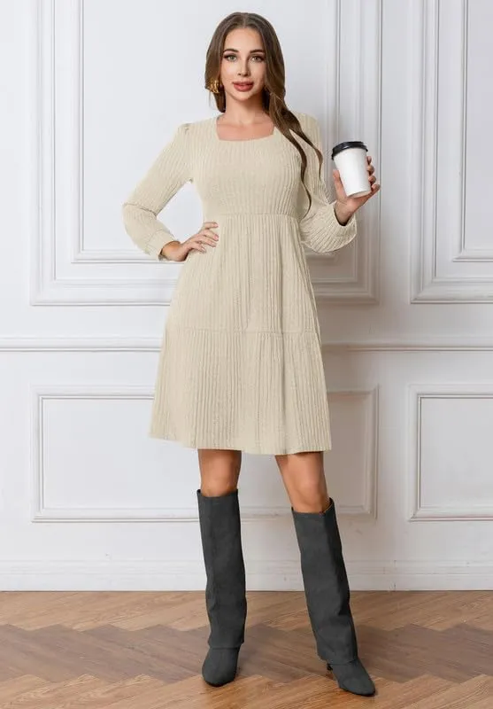 Womens Square Neck Long Sleeve Fall Dresses Casual Babydoll Sweater Dress Mini Wedding Guest Dresses with Pockets