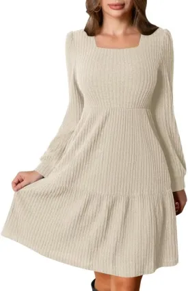 Womens Square Neck Long Sleeve Fall Dresses Casual Babydoll Sweater Dress Mini Wedding Guest Dresses with Pockets