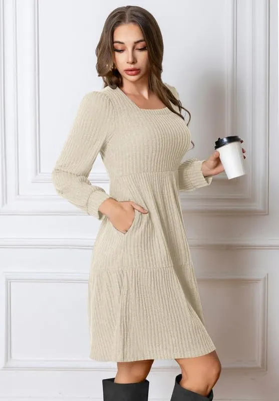 Womens Square Neck Long Sleeve Fall Dresses Casual Babydoll Sweater Dress Mini Wedding Guest Dresses with Pockets