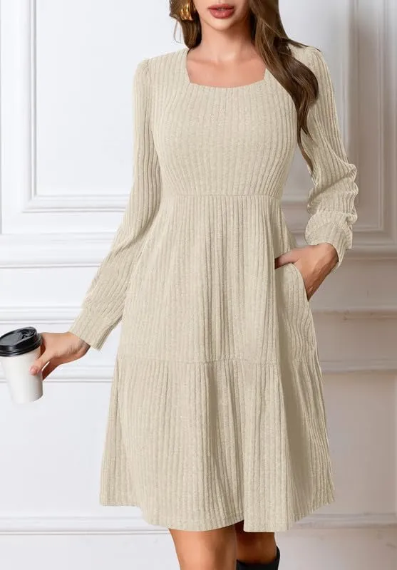 Womens Square Neck Long Sleeve Fall Dresses Casual Babydoll Sweater Dress Mini Wedding Guest Dresses with Pockets