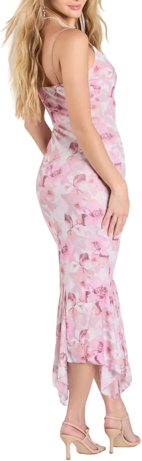 Women's Summer Floral Bodycon Midi Dress for Wedding Guest,Mesh Cami Ruffle Cocktail Party Dresses
