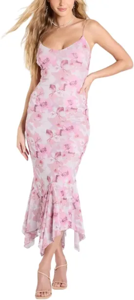 Women's Summer Floral Bodycon Midi Dress for Wedding Guest,Mesh Cami Ruffle Cocktail Party Dresses