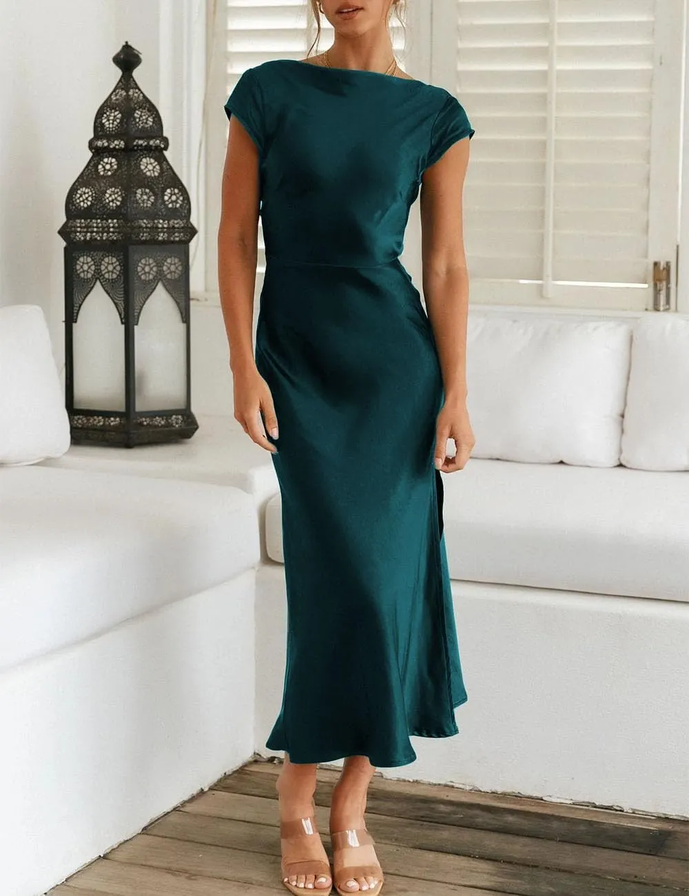 Women's Summer Satin Elegance Backless Twist Cap Sleeves Midi Dress 2025 Sexy Cowl Neck Slit Cocktail Wedding Guest Dresses