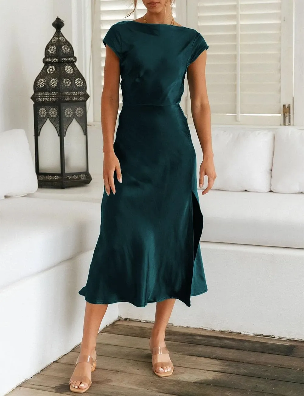 Women's Summer Satin Elegance Backless Twist Cap Sleeves Midi Dress 2025 Sexy Cowl Neck Slit Cocktail Wedding Guest Dresses