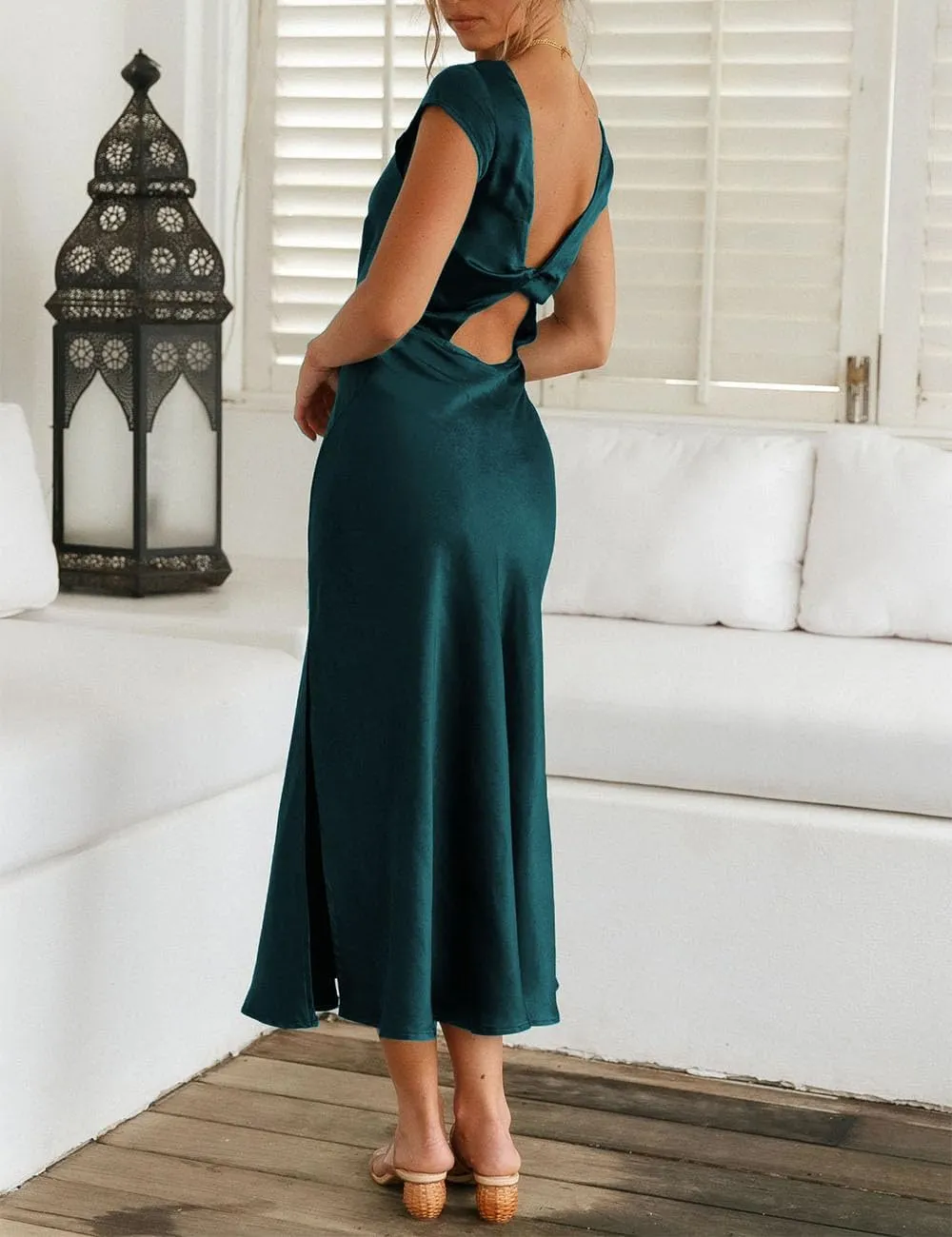 Women's Summer Satin Elegance Backless Twist Cap Sleeves Midi Dress 2025 Sexy Cowl Neck Slit Cocktail Wedding Guest Dresses