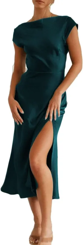 Women's Summer Satin Elegance Backless Twist Cap Sleeves Midi Dress 2025 Sexy Cowl Neck Slit Cocktail Wedding Guest Dresses