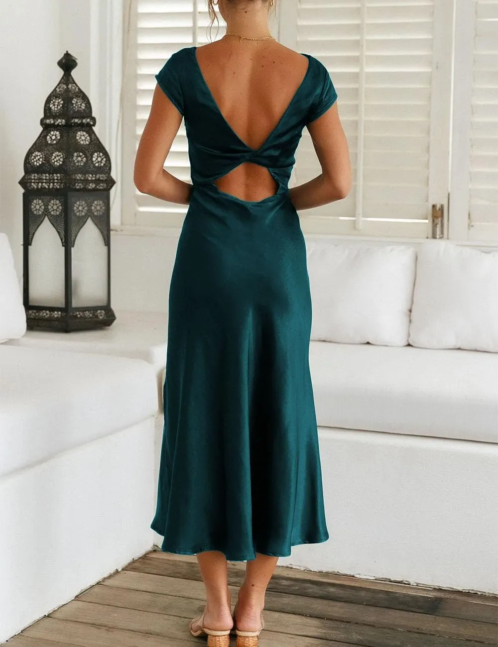 Women's Summer Satin Elegance Backless Twist Cap Sleeves Midi Dress 2025 Sexy Cowl Neck Slit Cocktail Wedding Guest Dresses