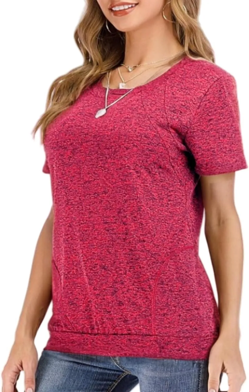 Womens Summer Short Sleeve Round Neck Quick Dry Cool Tunic Tops Loose Gym Workout T-Shirt with Pockets