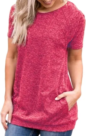 Womens Summer Short Sleeve Round Neck Quick Dry Cool Tunic Tops Loose Gym Workout T-Shirt with Pockets