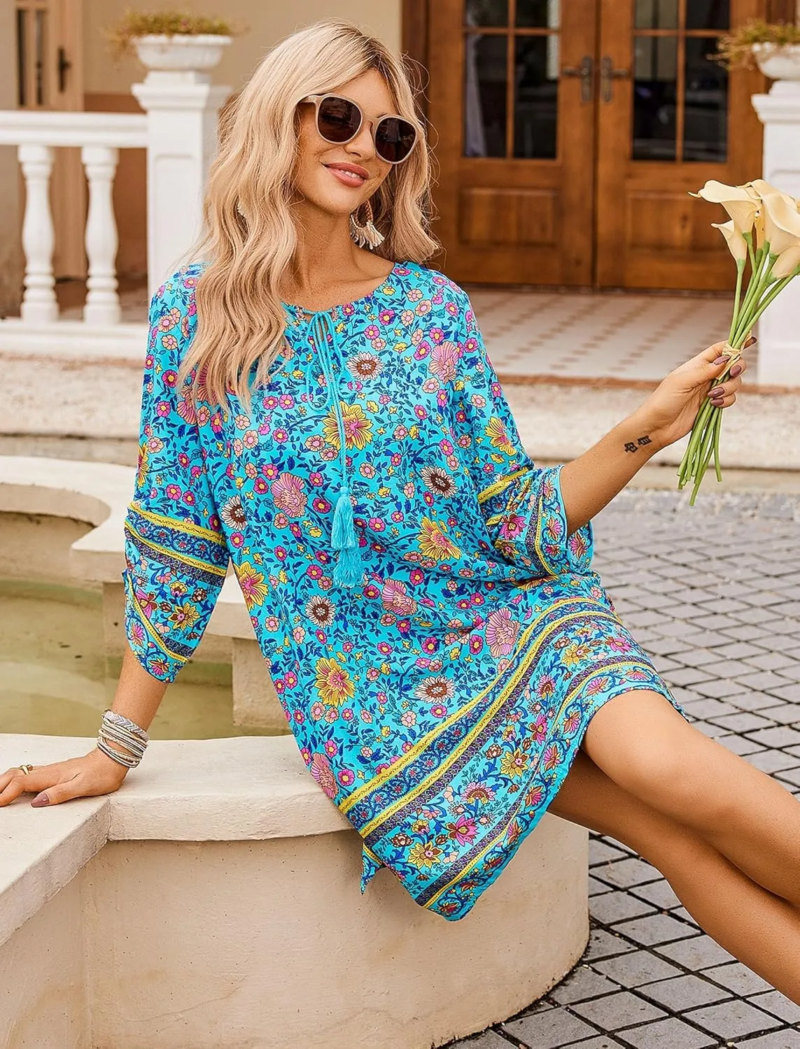 Zeagoo Womens Boho Dresses Casual Beach Summer Dress Tassel Tie Neck 3/4 Long Sleeve Mini Sundress 2025 Floral Print Cover Up