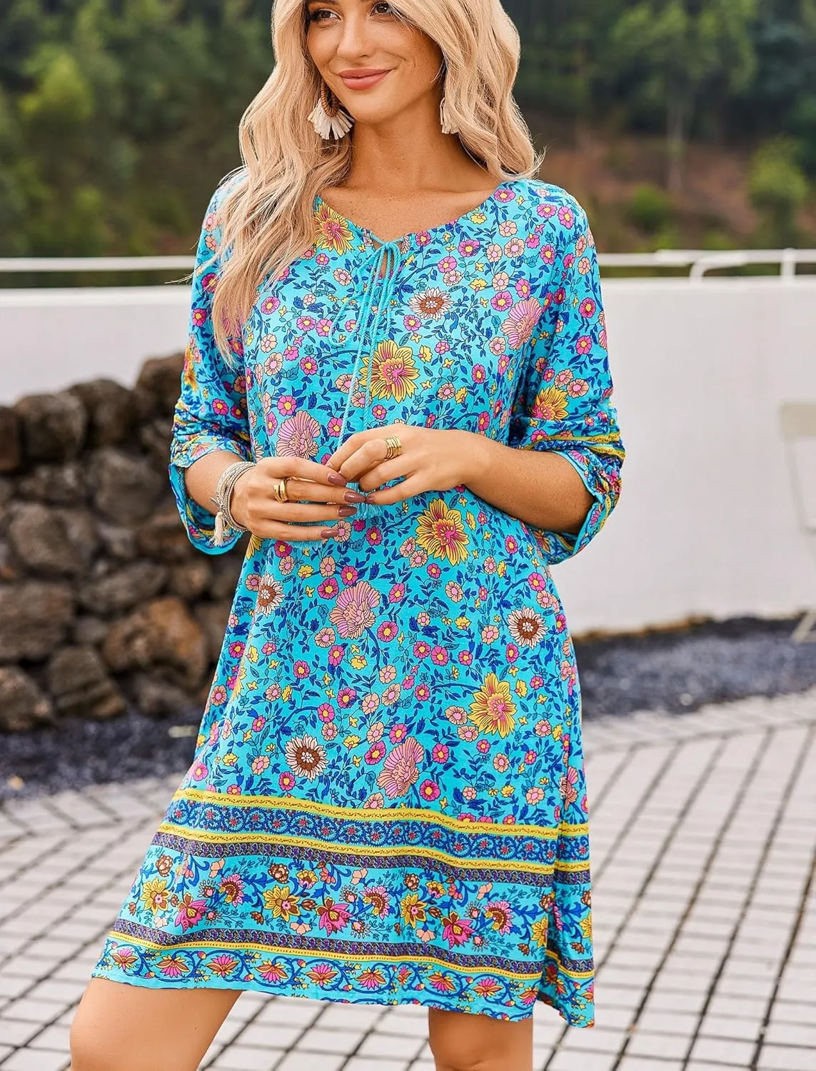 Zeagoo Womens Boho Dresses Casual Beach Summer Dress Tassel Tie Neck 3/4 Long Sleeve Mini Sundress 2025 Floral Print Cover Up