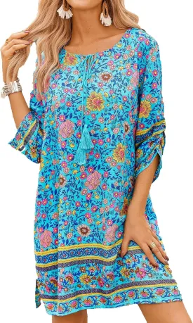 Zeagoo Womens Boho Dresses Casual Beach Summer Dress Tassel Tie Neck 3/4 Long Sleeve Mini Sundress 2025 Floral Print Cover Up