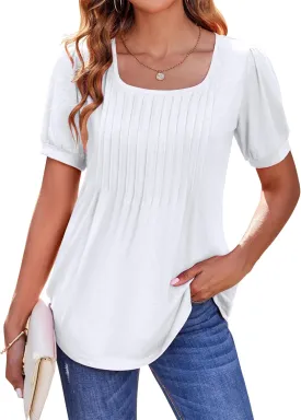 Zeagoo Womens Summer Tops Casual Puff Short Sleeve T Shirts Floral/Solid Pleated Tunics Square Neck Work Blouse